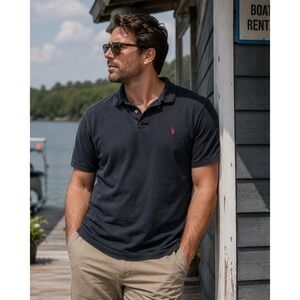 Polo Ralph Lauren Mens Large Black Short Sleeve Pique Polo Shirt Red Pony